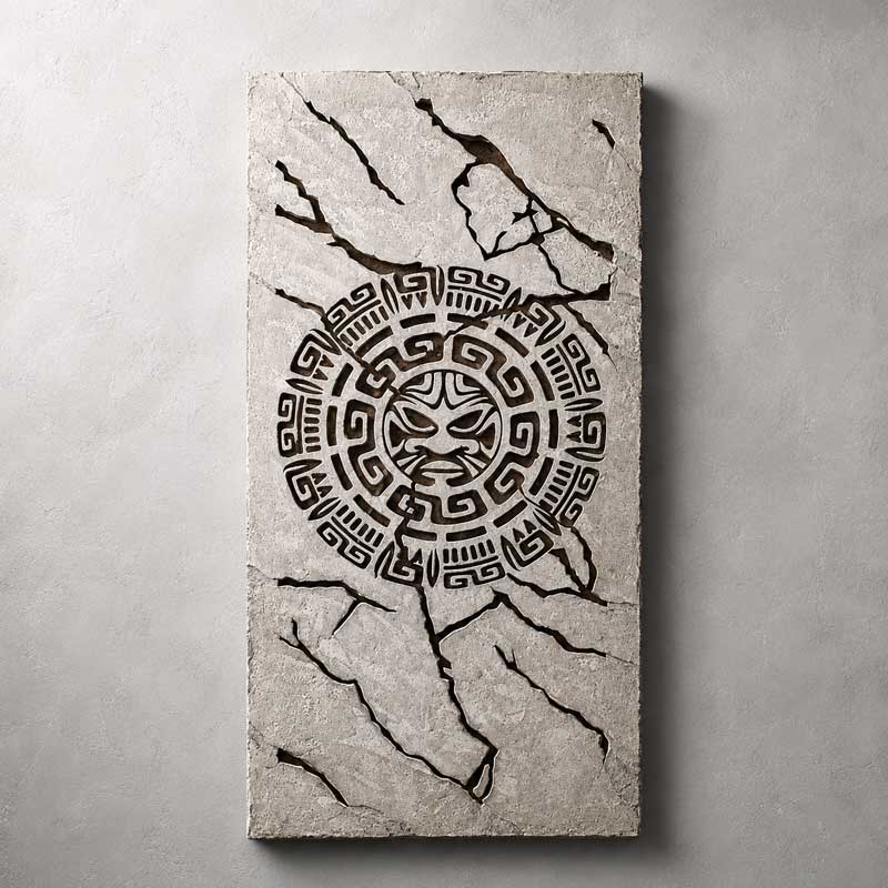 Maya beton schilderij met uitgesneden Maya-motief