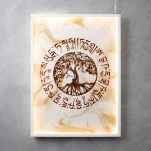 Tree of Life beton schilderij met warme oranje verlichting