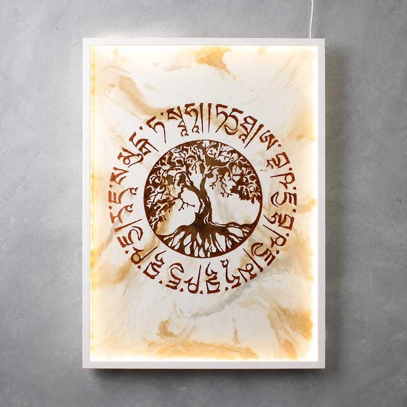 Tree of Life beton schilderij met warme oranje verlichting