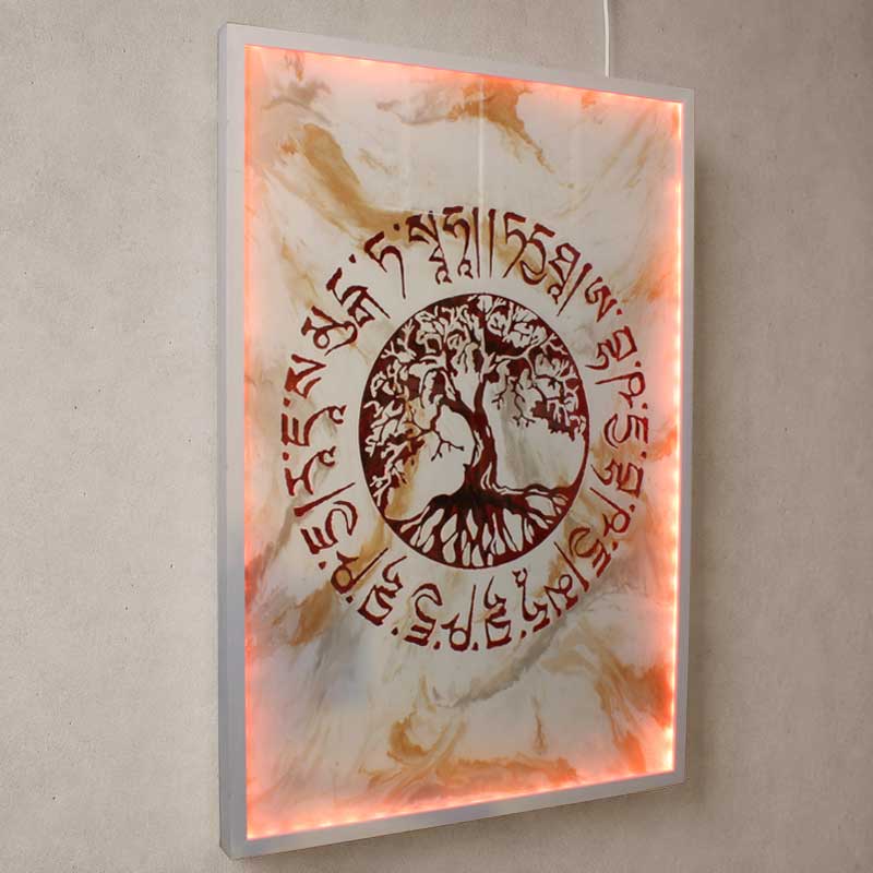 Tree of Life beton schilderij met warme verlichting – zijaanzicht