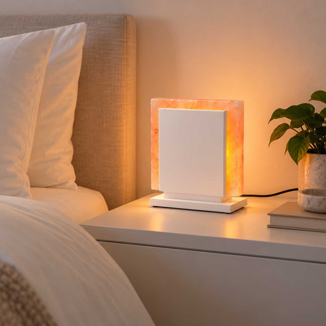Witte zoutlamp Sylvestris op nachtkastje naast bed