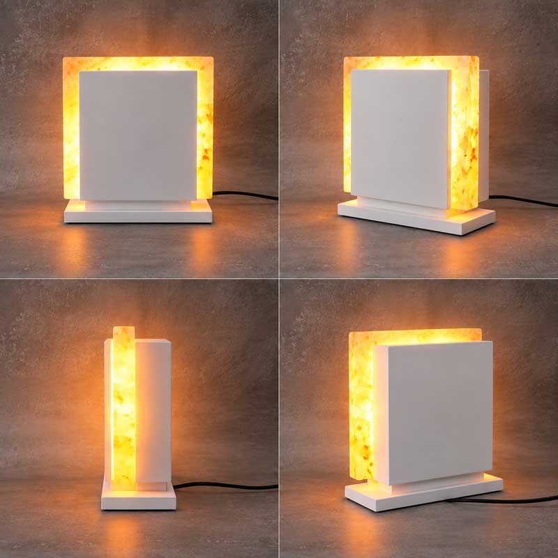 Vier witte Sylvestris zoutlampen met sfeervolle verlichting