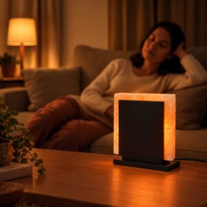 Zwarte zoutlamp Sylvestris op tafel in sfeervolle woonkamer