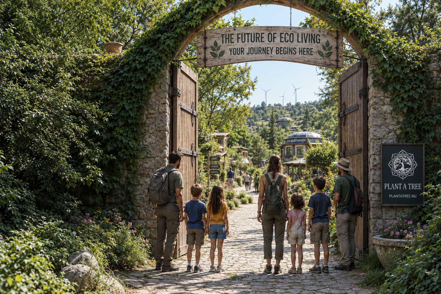 Gezinnen lopen door een met klimop begroeide houten en stenen toegangspoort naar een groene eco village met het bord “The Future of Eco Living – Your Journey Begins Here”.