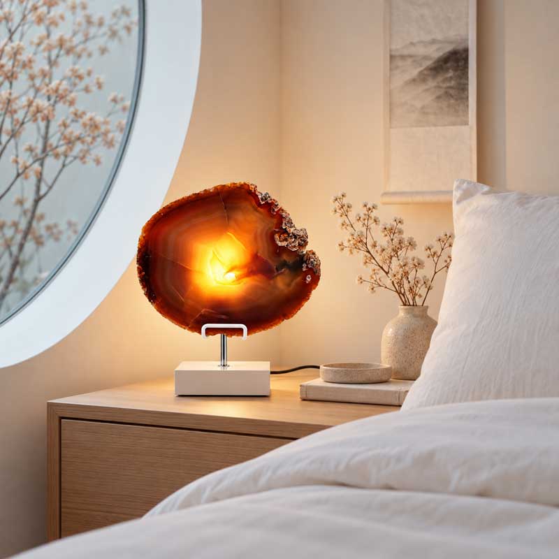 Agaat lamp Ember met witte standaard in een warme, rustige slaapkamer