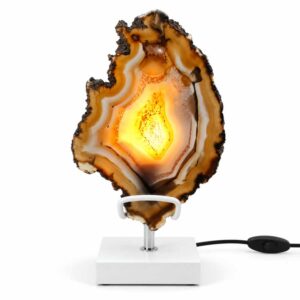 Agaat Lamp Mirage met warme verlichting op witte standaard