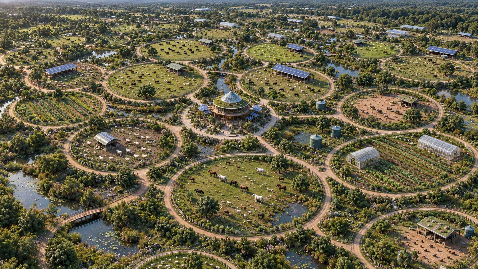 Luchtfoto van een Eco Dieren Village met ruime groene dierenweides, natuurlijke waterpartijen, schuilplaatsen, kassen en een centraal gemeenschapsgebouw.