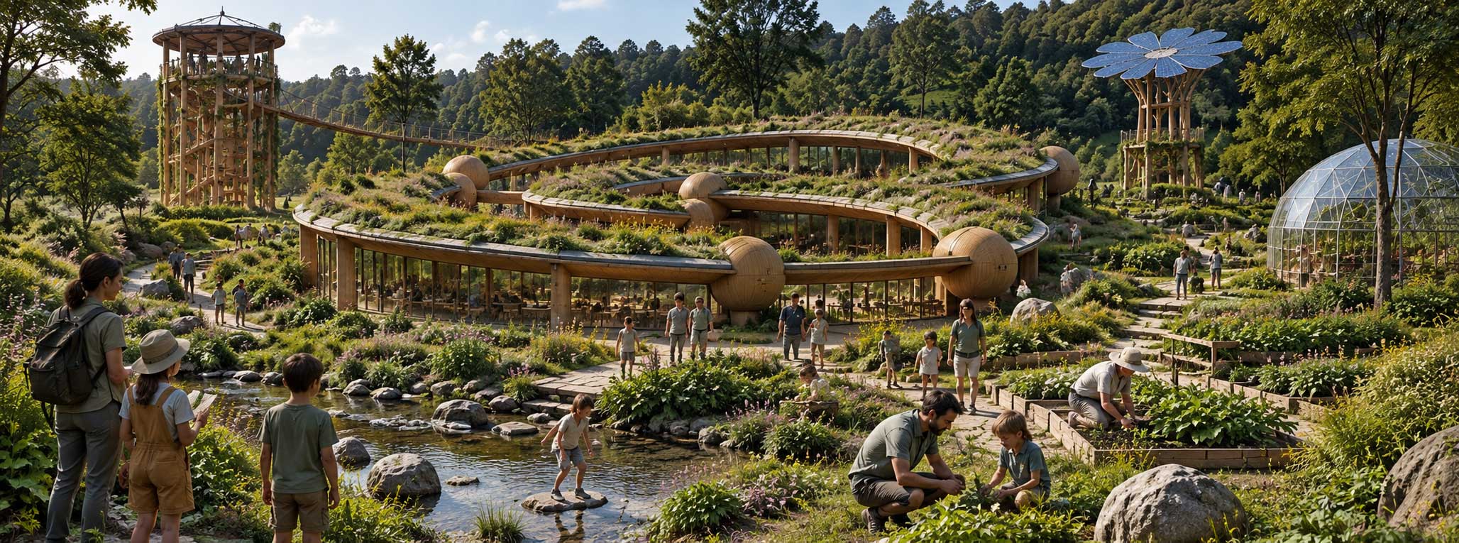 Kinderen en volwassenen ontdekken natuur en duurzaamheid in een groen Eco Educatie Village met water, tuinen, een kas, uitkijktoren en circulair gebouw met groen dak.