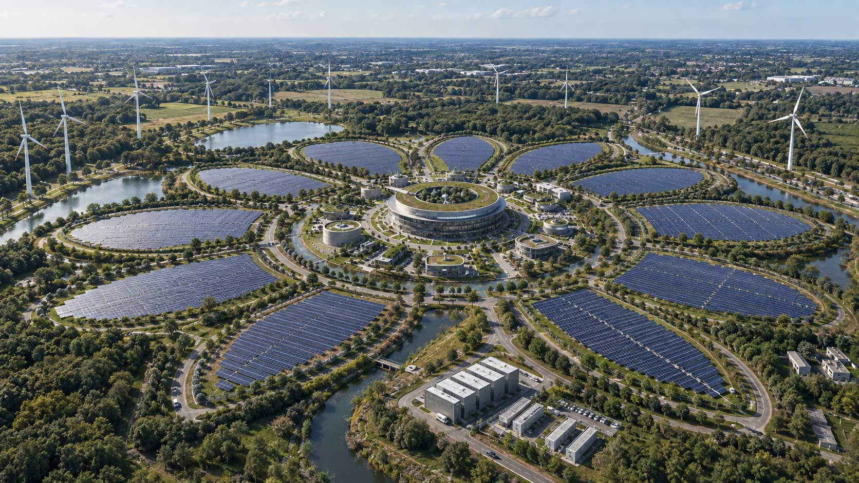 Luchtfoto van een duurzaam energiegebied met grote zonnevelden, windturbines, waterpartijen en een circulair centraal gebouw in een groene omgeving.