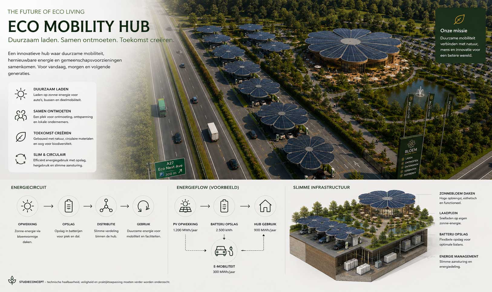 Eco Mobility Hub studieconcept met zonne-energie, batterijopslag en duurzame laadinfrastructuur
