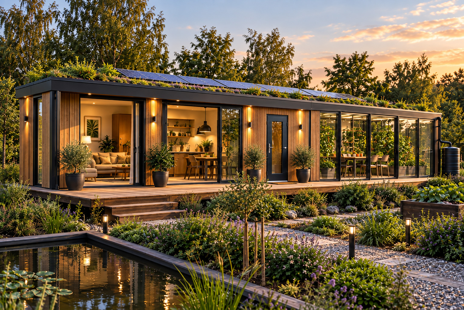Eco Multi Module met centrale deur, groendak met zonnepanelen, grote raampartijen en natuurlijke tuin met waterpartij