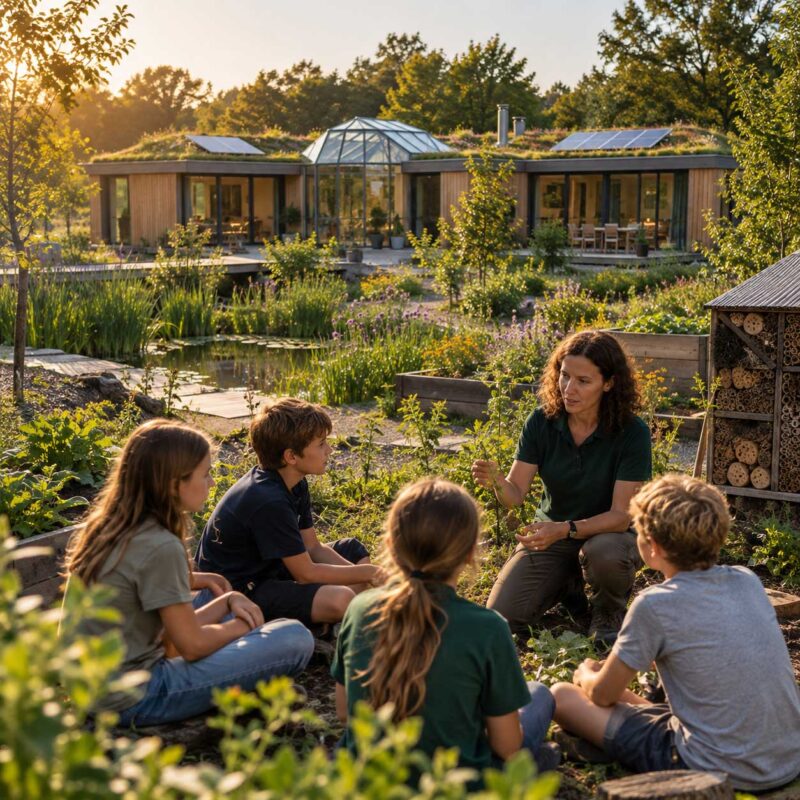 Natuureducatie bij een Eco Multi Module met groene daken, zonnepanelen, natuurlijke vijver en biodiversiteitstuin.