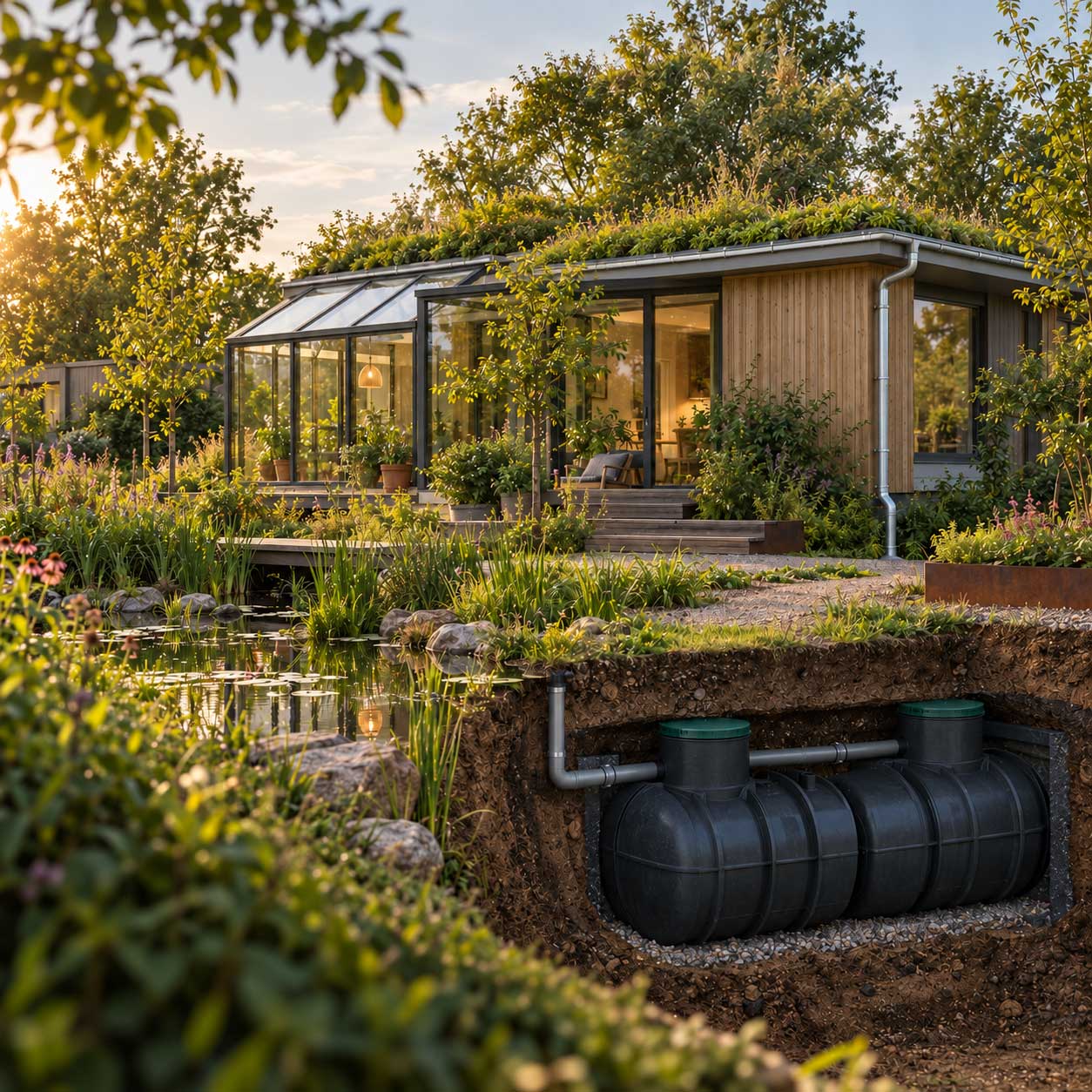 Eco Multi Module woning met groen dak, natuurlijke tuin en ondergrondse regenwatertank voor opvang en hergebruik van regenwater.