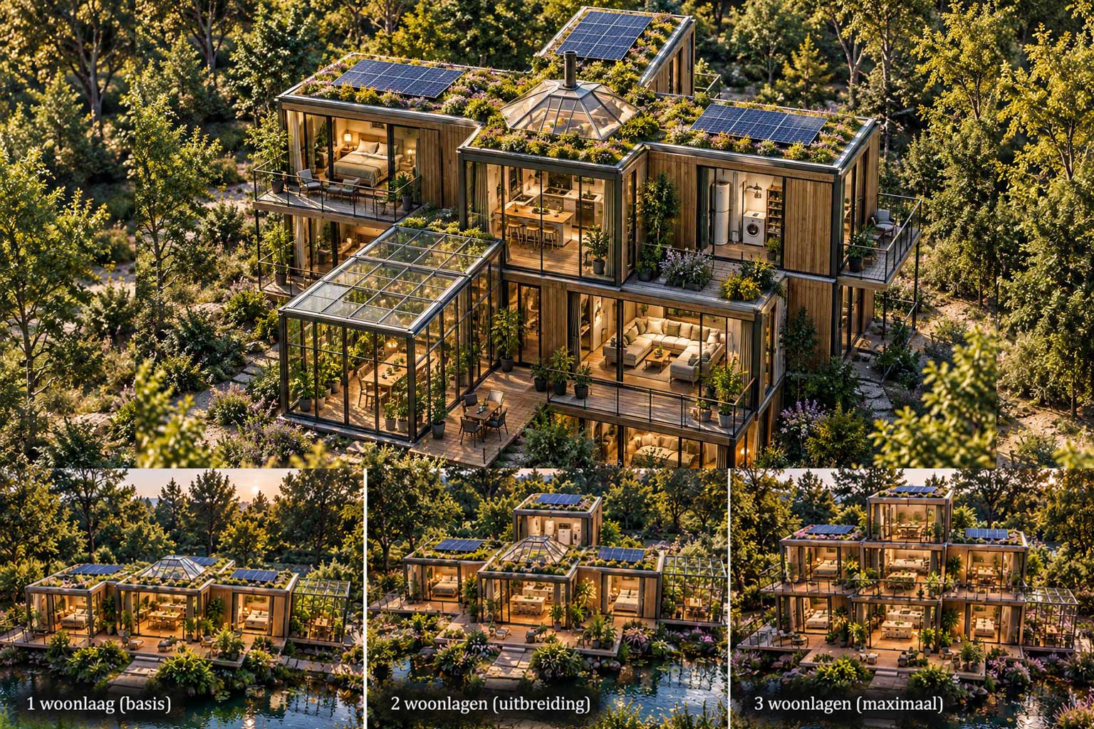 Gestapelde Eco Multi Module Plus in duidelijke kruisvorm, tot maximaal drie woonlagen, met groene daken, zonnepanelen, kas en houten gevels in een natuurlijke omgeving.