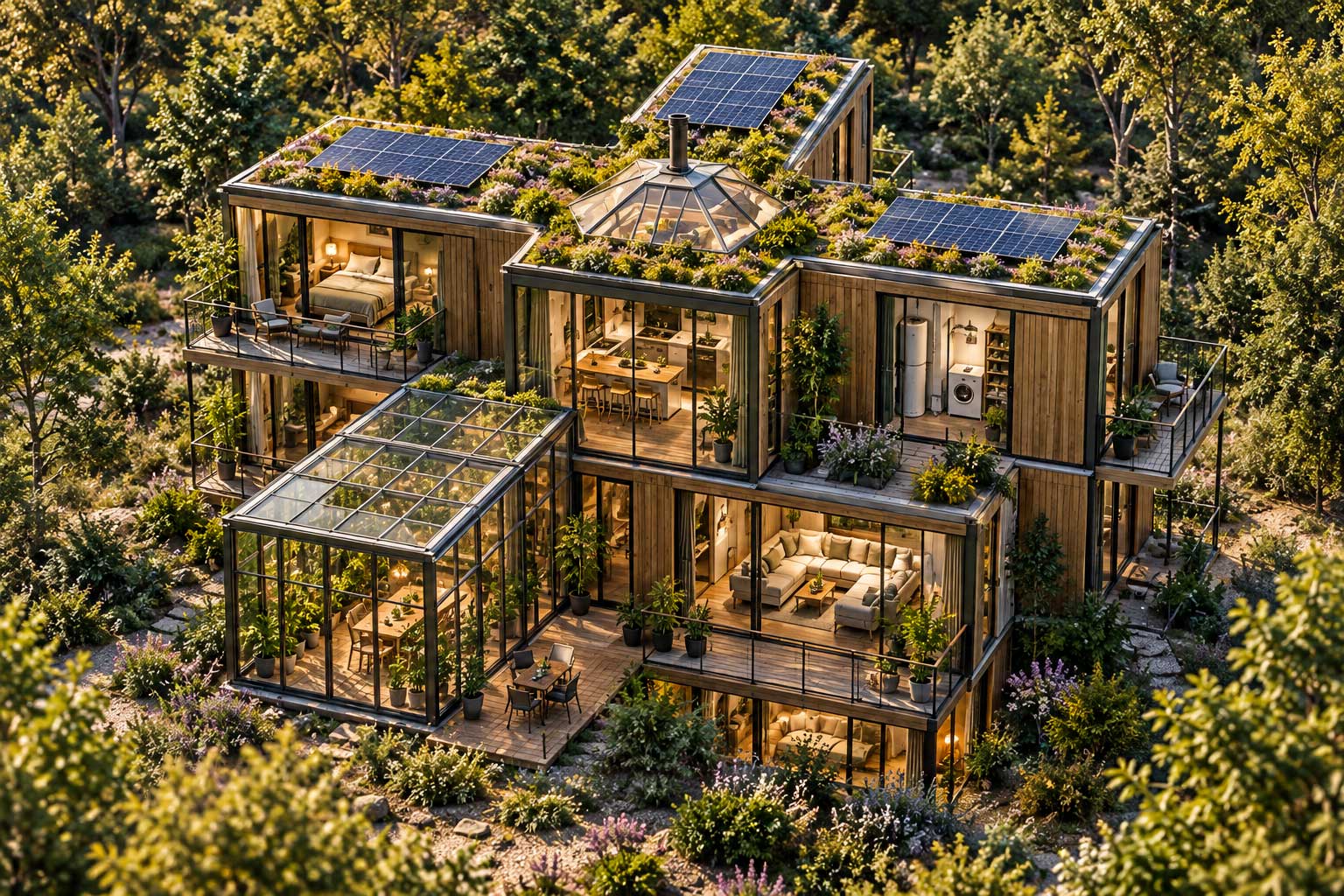 Gestapelde Eco Multi Module Plus in duidelijke kruisvorm, tot maximaal drie woonlagen, met groene daken, zonnepanelen, kas en houten gevels in een natuurlijke omgeving.