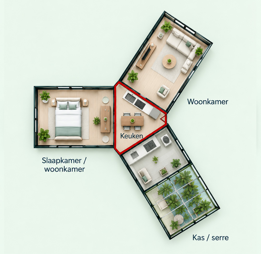 Eco Multi Module Triple met driehoekige hartmodule voor keuken, gekoppeld aan woon- en slaapruimte en kas of serre.