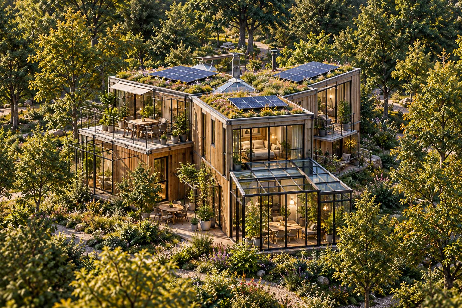 Gestapelde Eco Multi Module Triple tot drie woonlagen, geïntegreerd in een groene bosrijke omgeving met groene daken, zonnepanelen en veel glas.