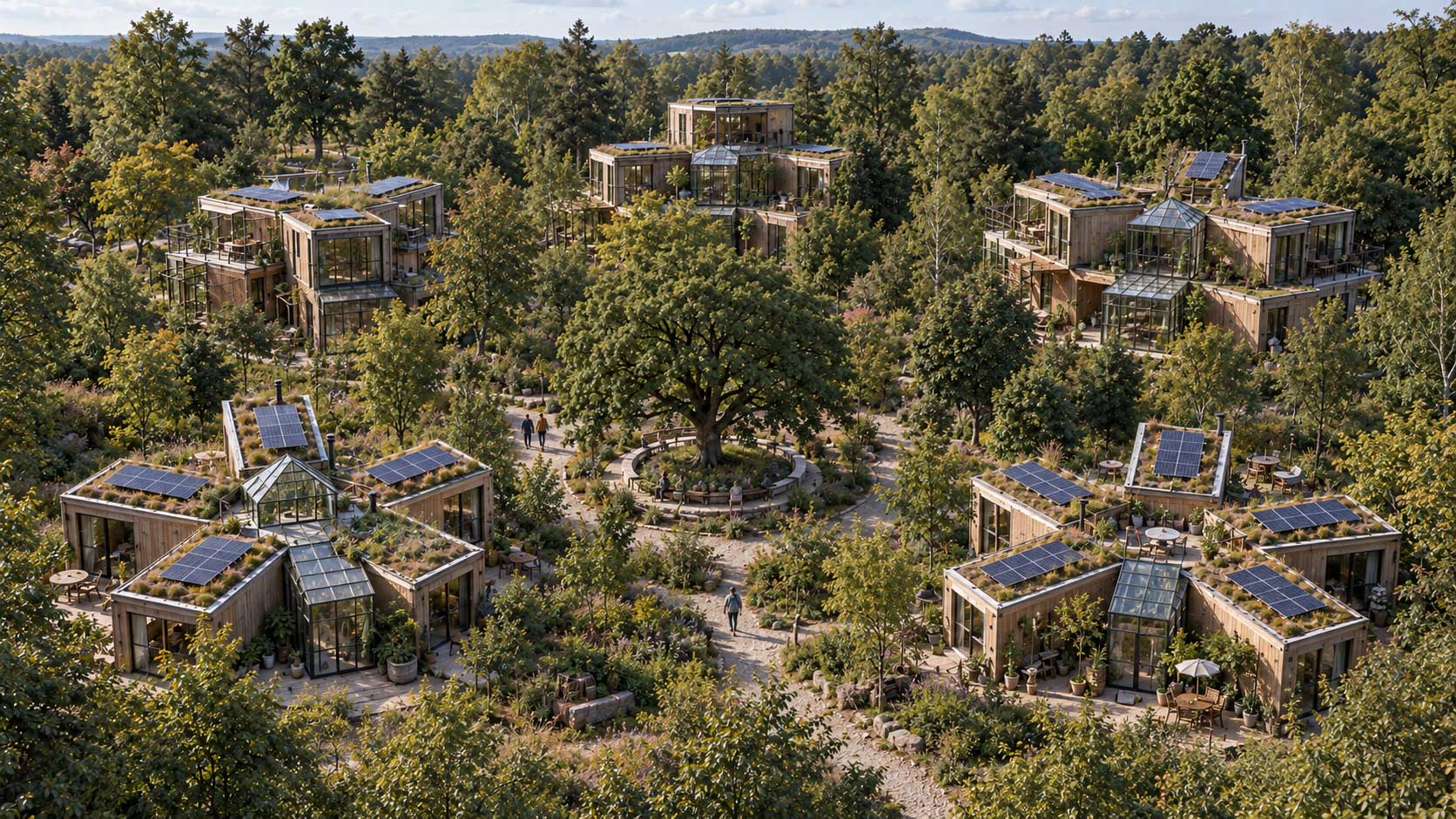 Fotorealistische Eco Multi Module woonomgeving in het bos met modulaire woningen in Triple, Plus en Star opstelling, uitgevoerd in verschillende woonlagen rond een centrale boom.