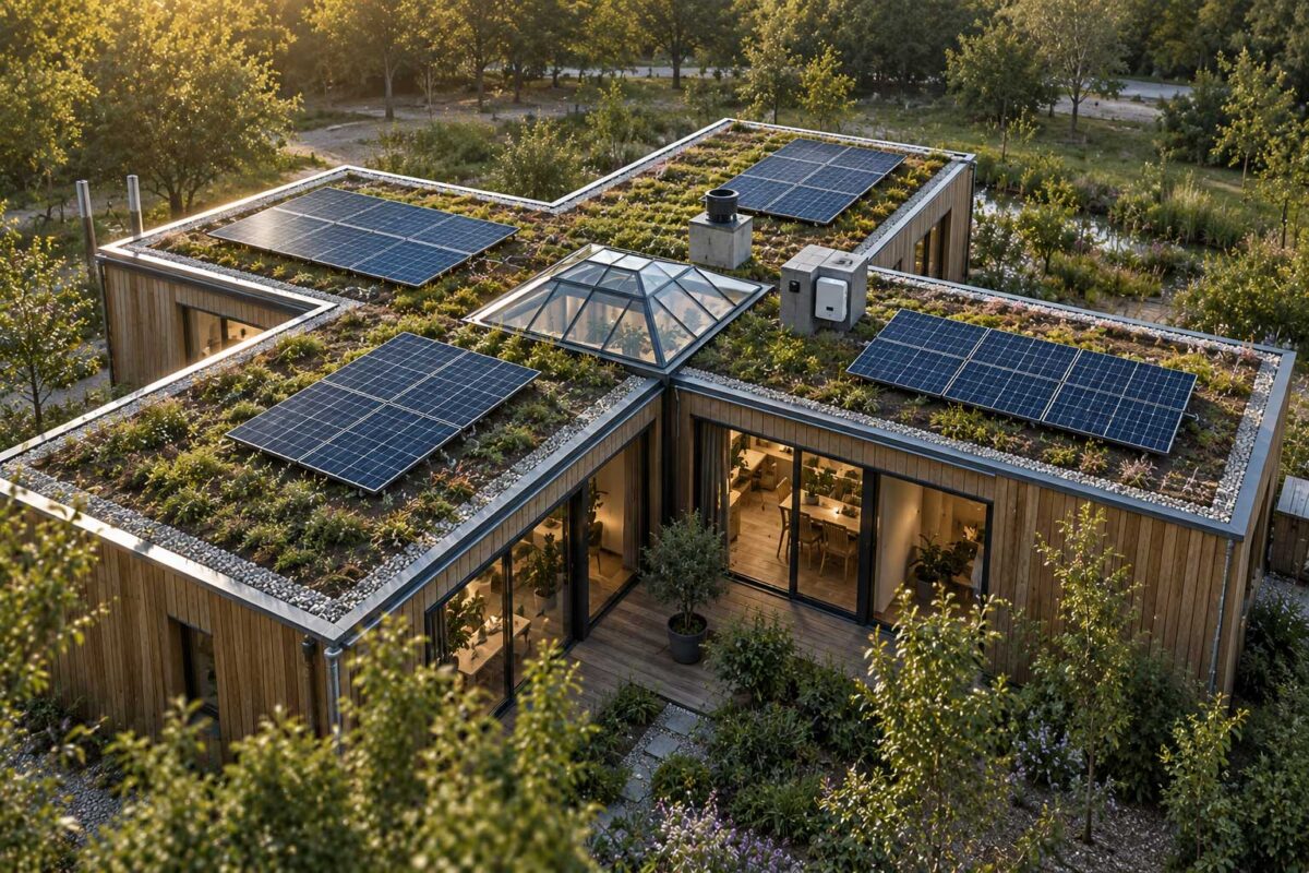 Fotorealistische Eco Multi Module in kruisvorm met plat groen dak, zonnepanelen en centraal glazen atrium voor duurzame energieopwekking.