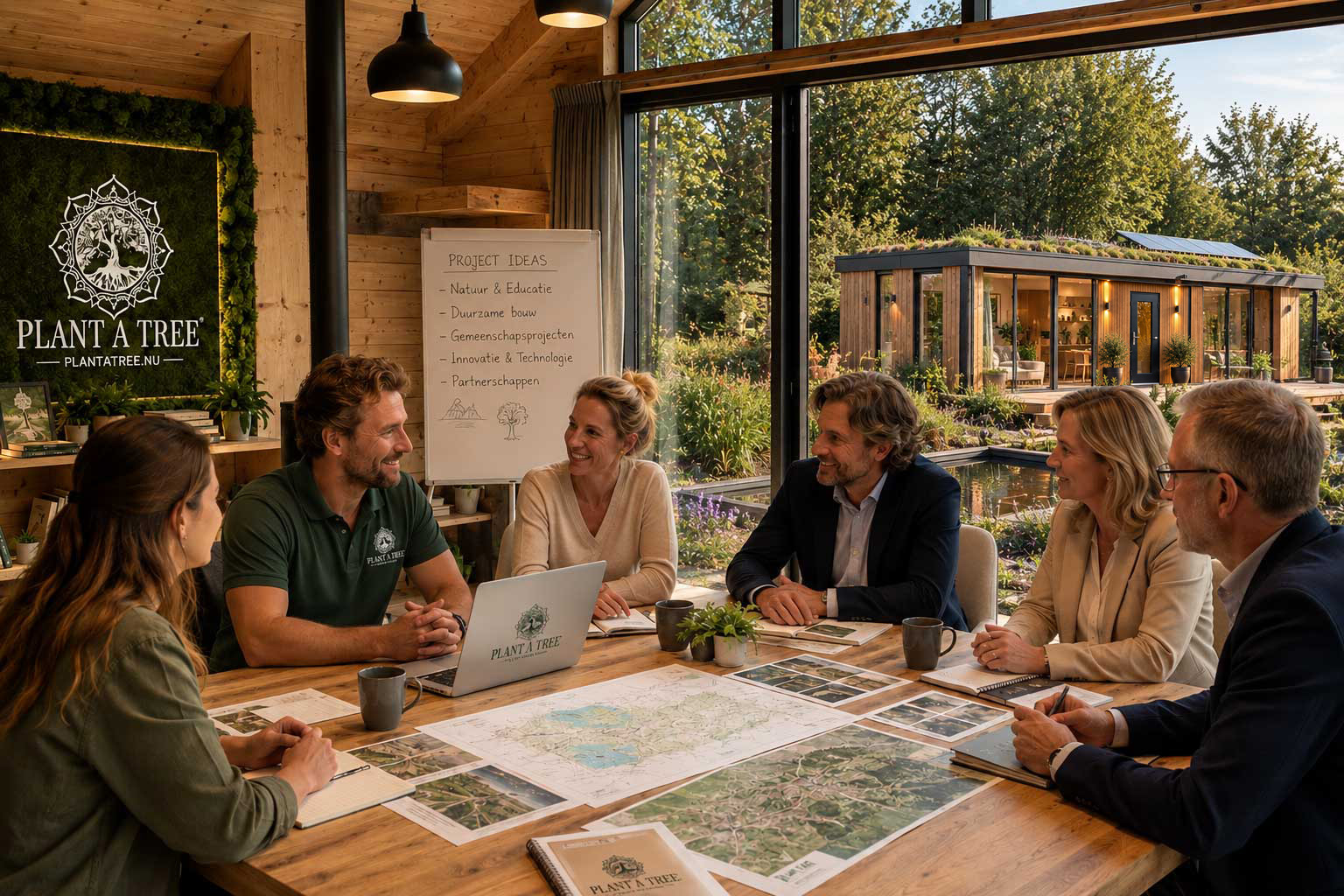 Eco Pilot Centre vergaderruimte van Plant a Tree met uitzicht op de Eco Multi Module in een groene omgeving