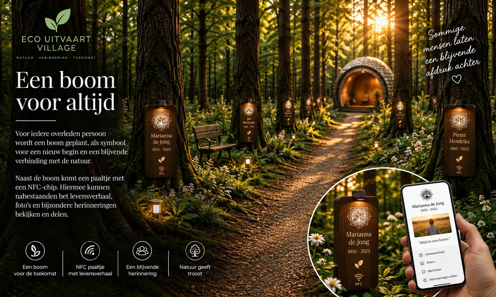 Herdenkingsbos binnen Eco Uitvaart Village waar voor iedere overledene een boom wordt geplant met een NFC-herdenkingspaaltje voor het levensverhaal en herinneringen.