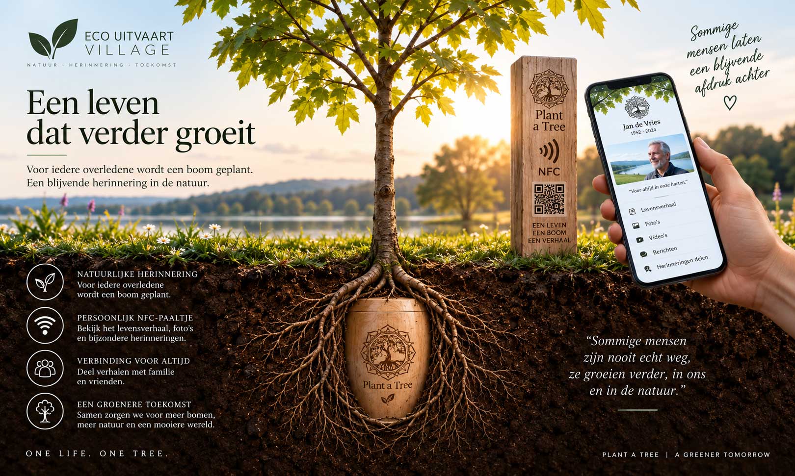 Herdenkingsboom binnen Eco Uitvaart Village met een houten urn bij de wortels en een persoonlijk NFC-paaltje voor het levensverhaal en herinneringen van de overledene.
