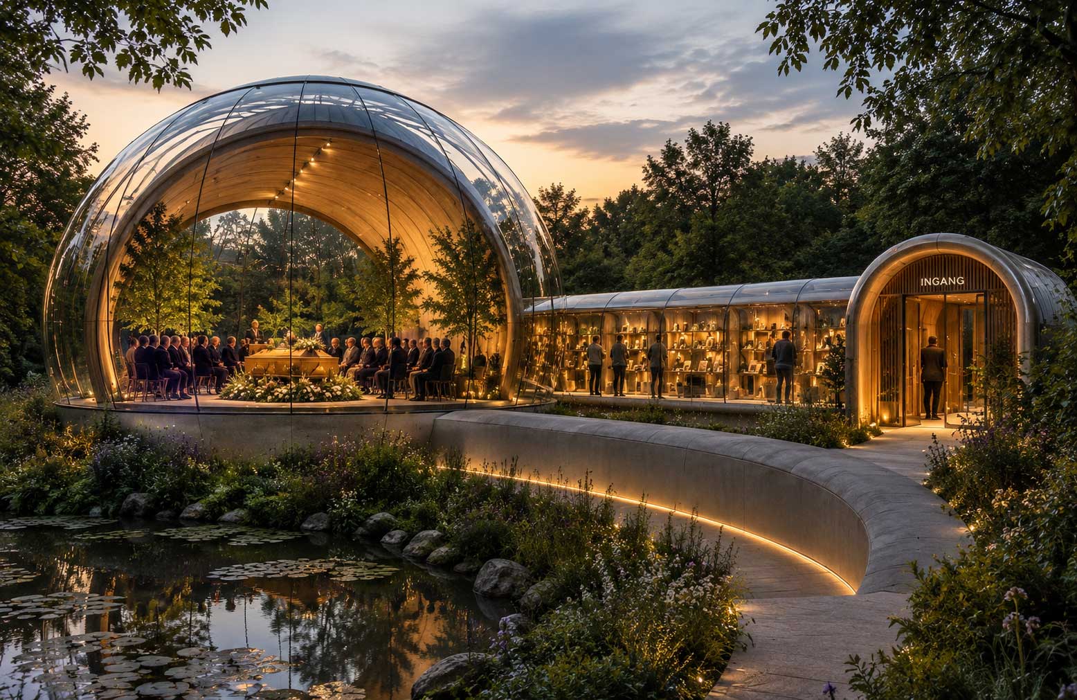 Fotorealistische Eco Uitvaart Village met een glazen ceremonieruimte, natuurlijke tuin, waterpartij en verlichte entree in een bosrijke omgeving.