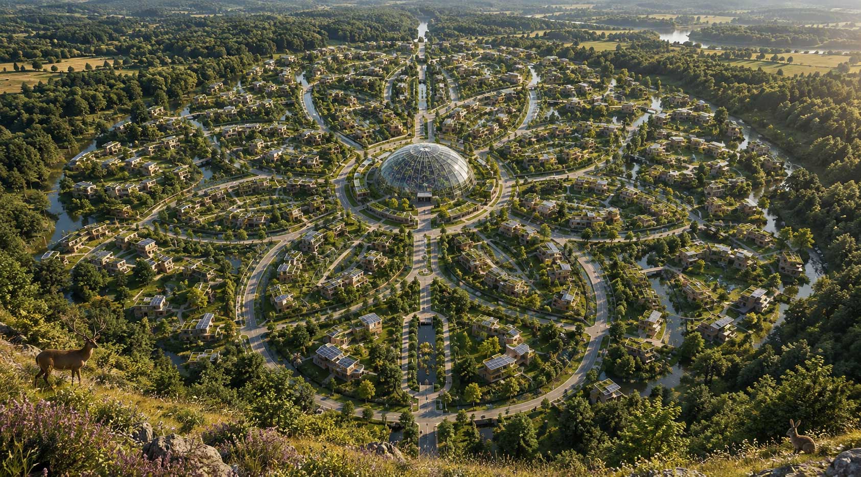 Luchtfoto van een circulaire eco village in bloemvorm met een centrale glazen koepel, woningen met groene daken, watergangen en veel natuur in een bosrijk landschap.