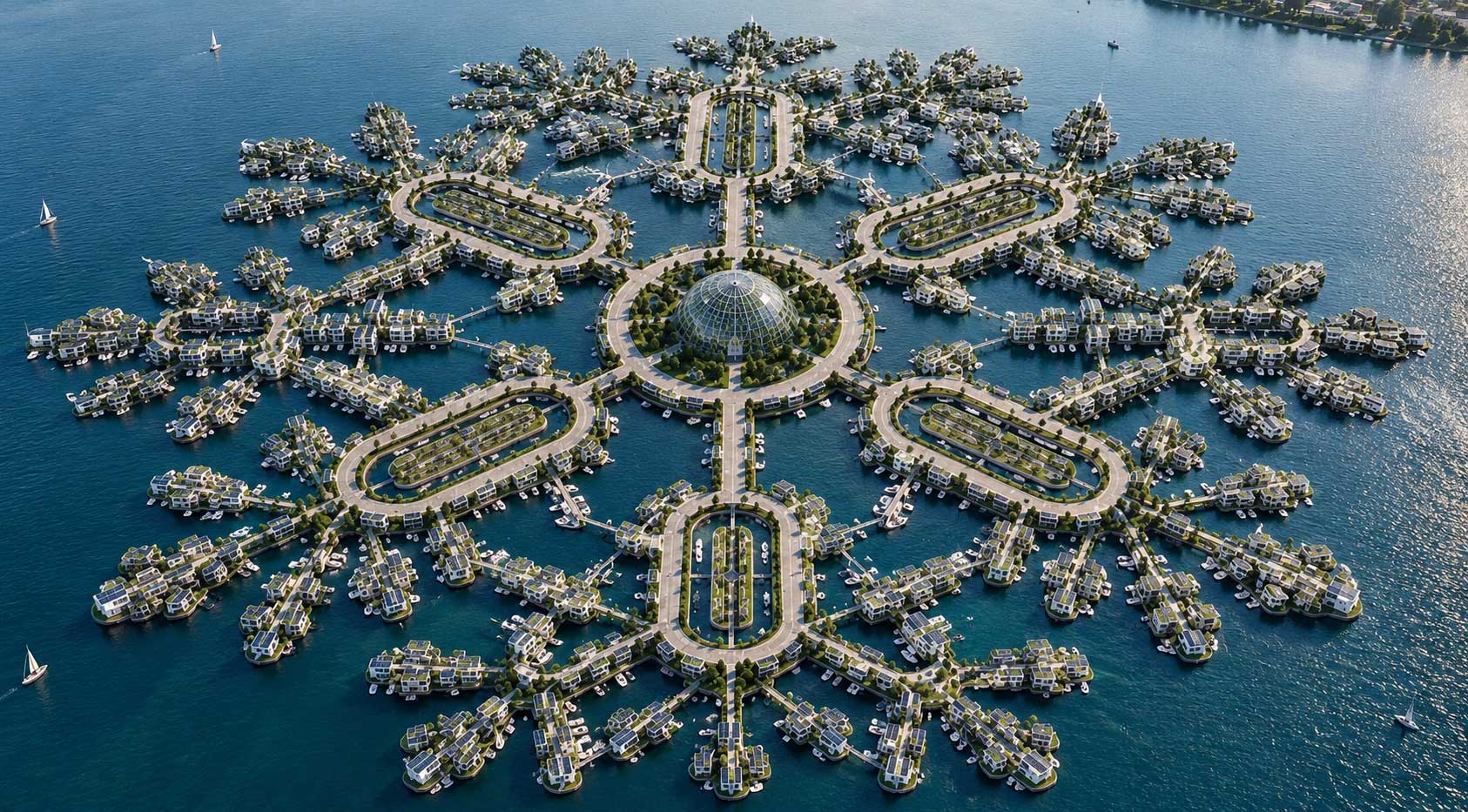 Luchtfoto van een drijvende Eco Water City met modulaire woongebieden, groene daken, waterwegen en een centrale glazen koepel.
