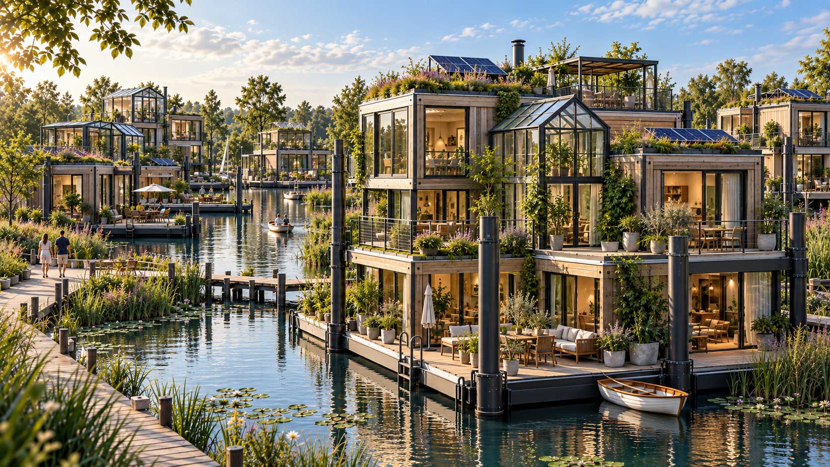Eco Water Village met modulaire duurzame woningen op het water, omringd door natuur, zonnepanelen, groene daken en geïntegreerde kassen.