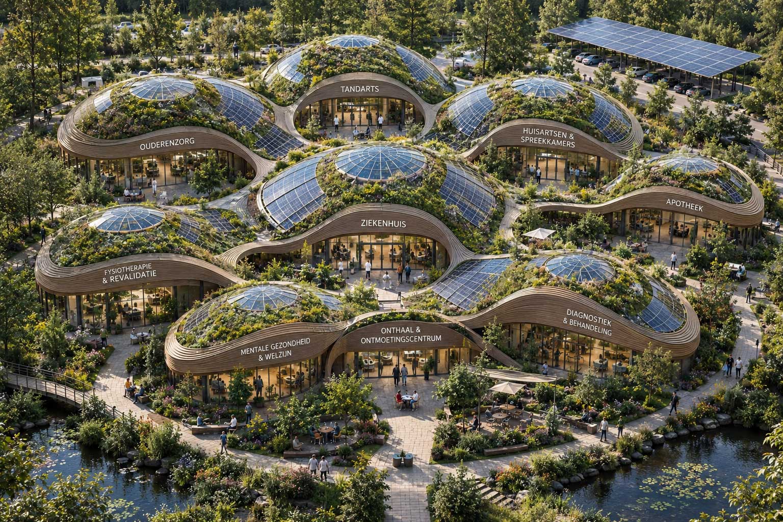 Luchtfoto van een groen Eco Zorg Village met ziekenhuis, huisartsenzorg, tandarts, apotheek, fysiotherapie, mentale gezondheidszorg en ontmoetingsruimtes rondom een natuurlijke binnentuin.