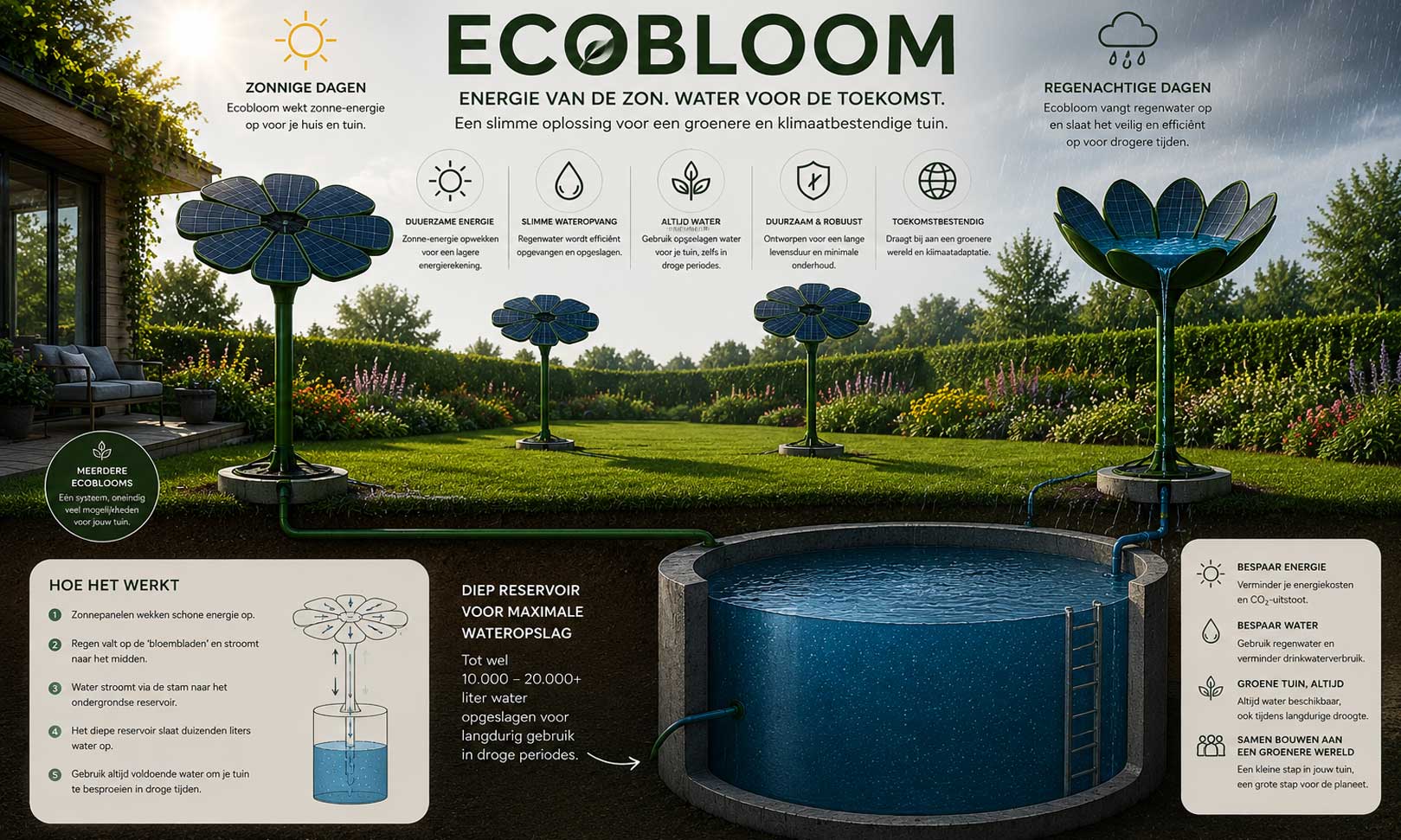 EcoBloom studieconcept voor zonne-energie, regenwateropvang en wateropslag