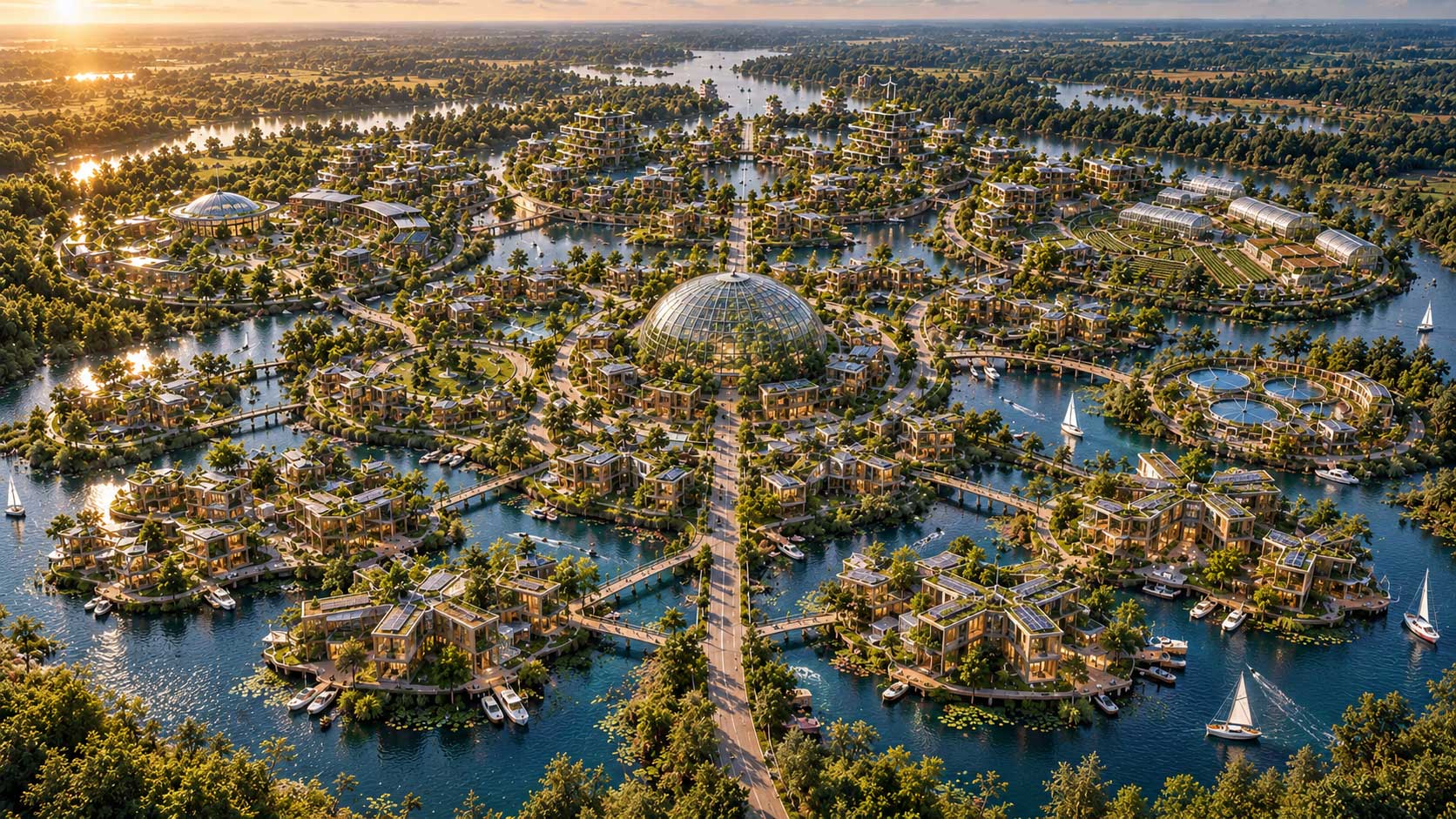 Toekomstige groene stad met Eco Multi Modules, water, bomen en duurzame woonwijken
