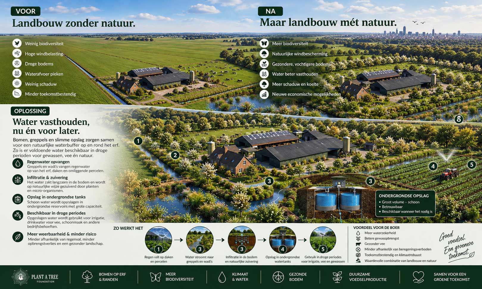 Voor- en na-beeld van landbouw met natuur, biodiversiteit en een slim systeem voor regenwateropvang, infiltratie en ondergrondse wateropslag.