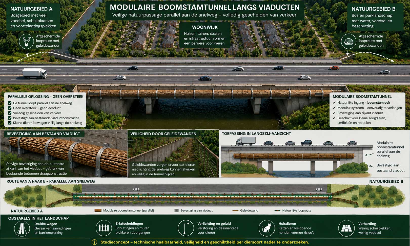 Modulaire boomstamtunnel langs een viaduct als veilige natuurpassage voor kleine dieren tussen gescheiden leefgebieden.