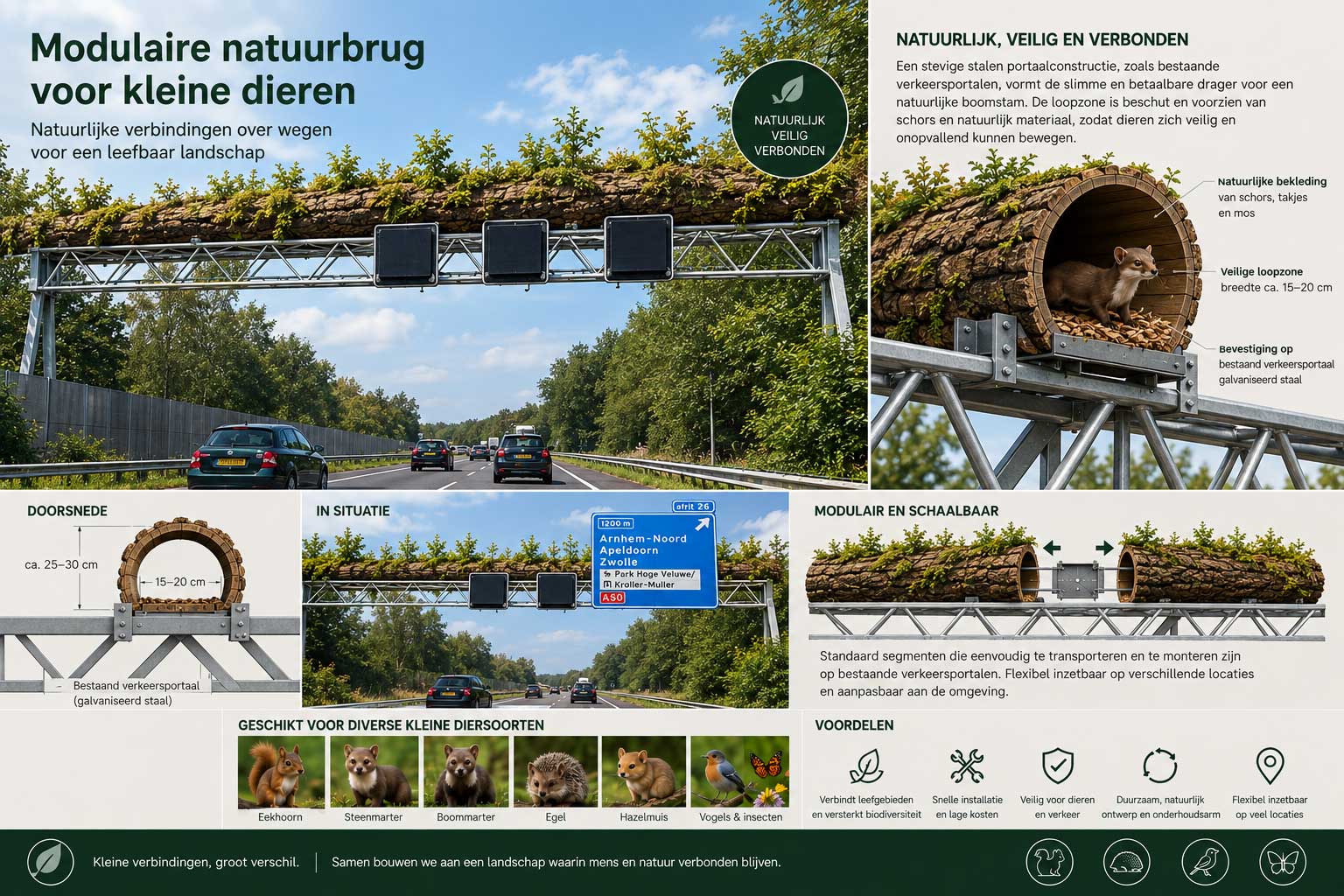 Modulaire natuurbrug voor kleine dieren over een bestaand verkeersportaal boven de snelweg