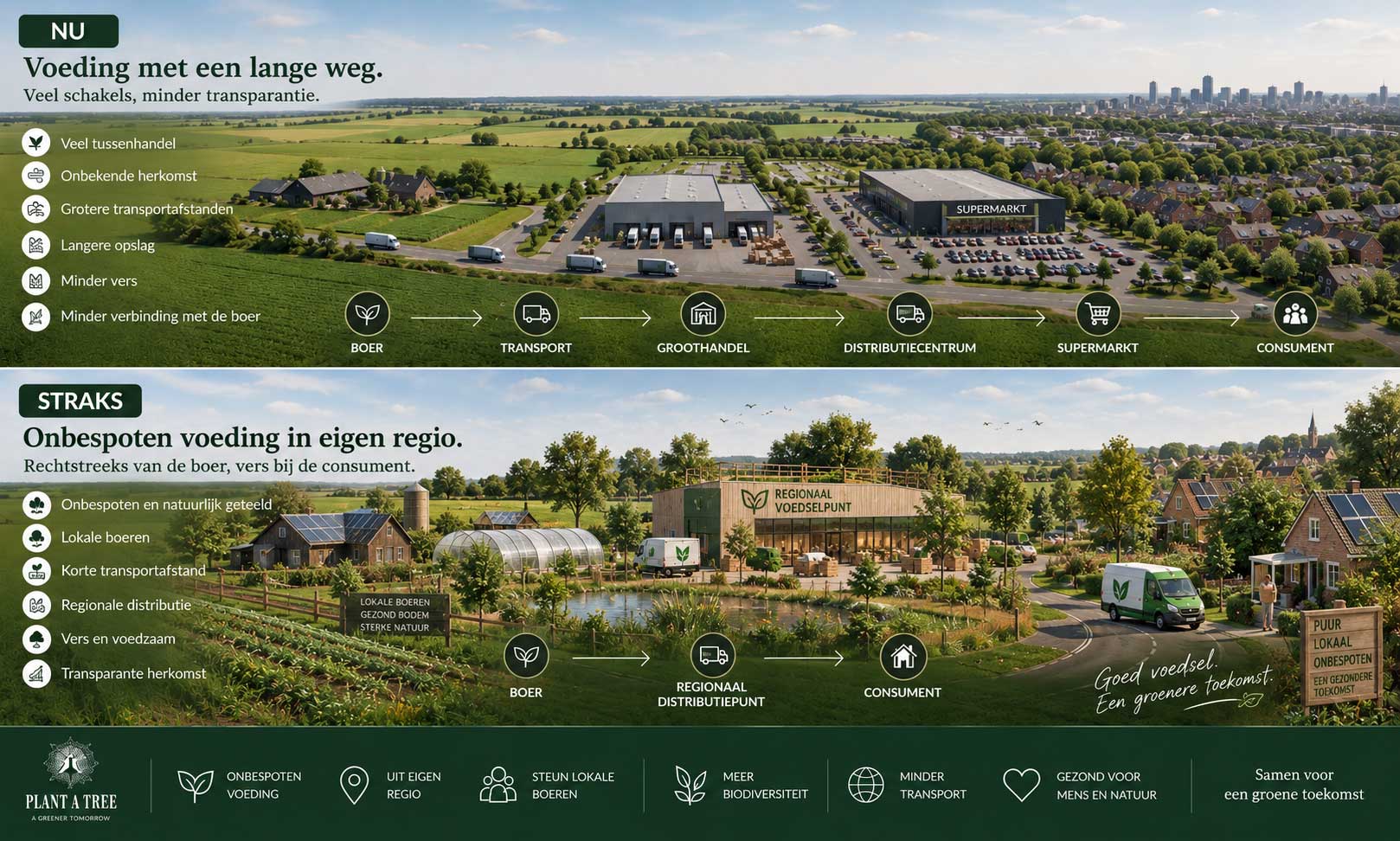 Onbespoten voeding uit eigen regio via lokale boeren en een regionaal voedselpunt met een korte keten naar de consument.