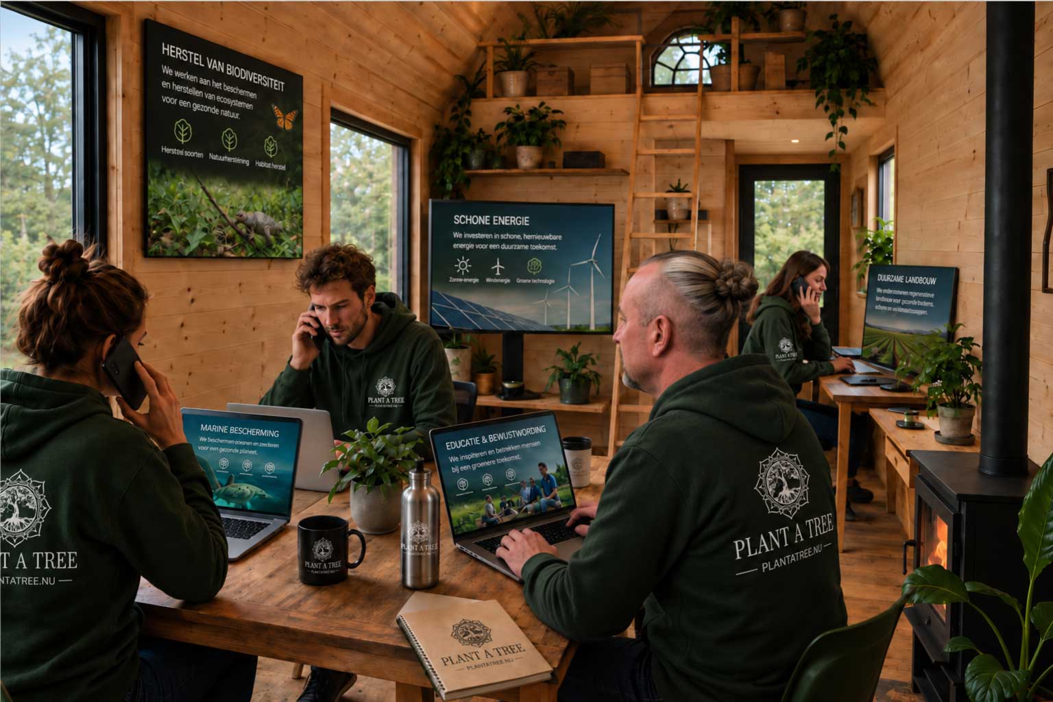 Plant a Tree team werkt samen in een duurzaam houten kantoor aan natuurherstel en groene projecten
