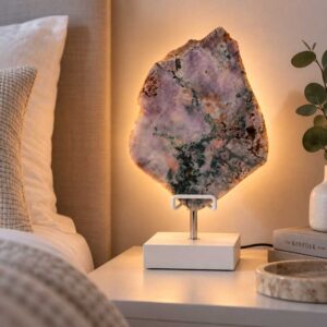 Roze Amethist Lamp Blossom op witte standaard als sfeerverlichting naast een bed