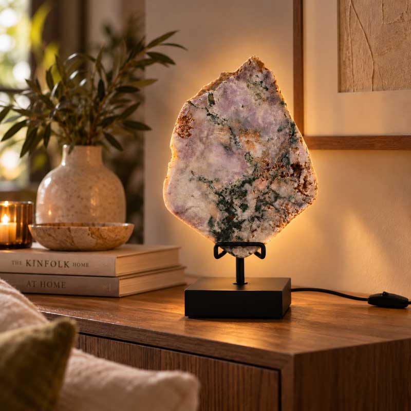 Roze Amethist Lamp Blossom op zwarte standaard in warm interieur met zachte achterverlichting