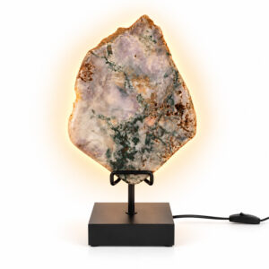 Roze Amethist Lamp Blossom op zwarte standaard met natuurlijke roze en paarse kristaltinten