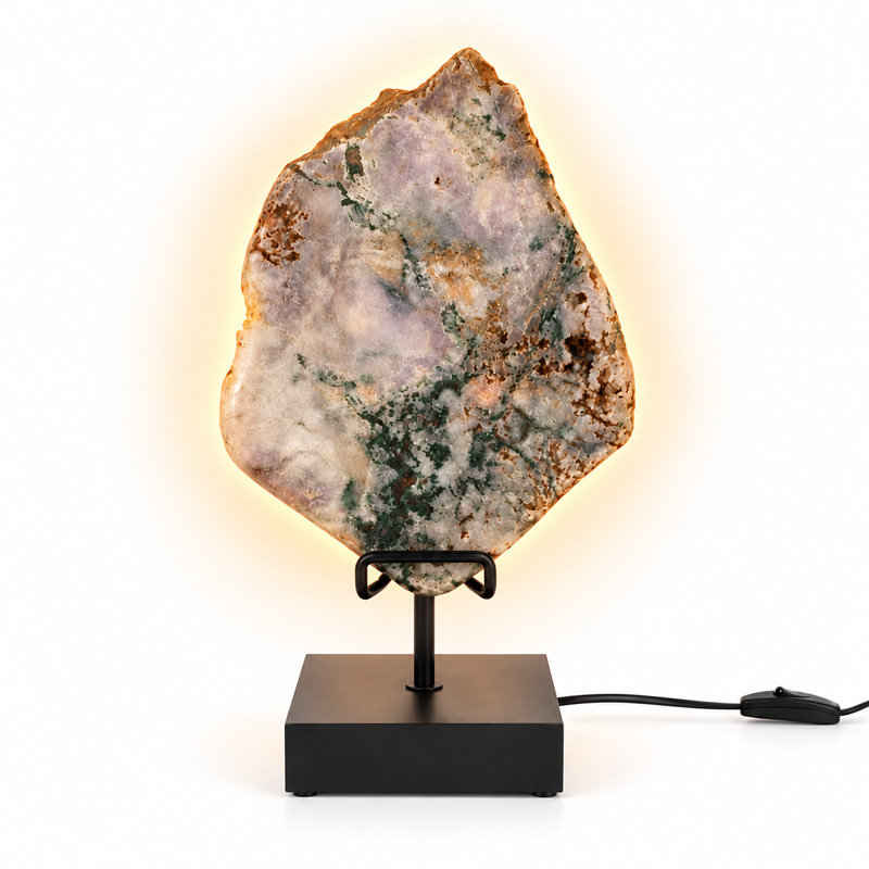 Roze Amethist Lamp Blossom op zwarte standaard met natuurlijke roze en paarse kristaltinten