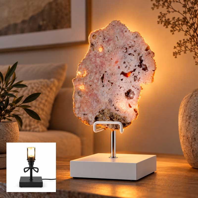 Roze Amethist Terra lamp op witte standaard met warme achterverlichting in sfeervol interieur