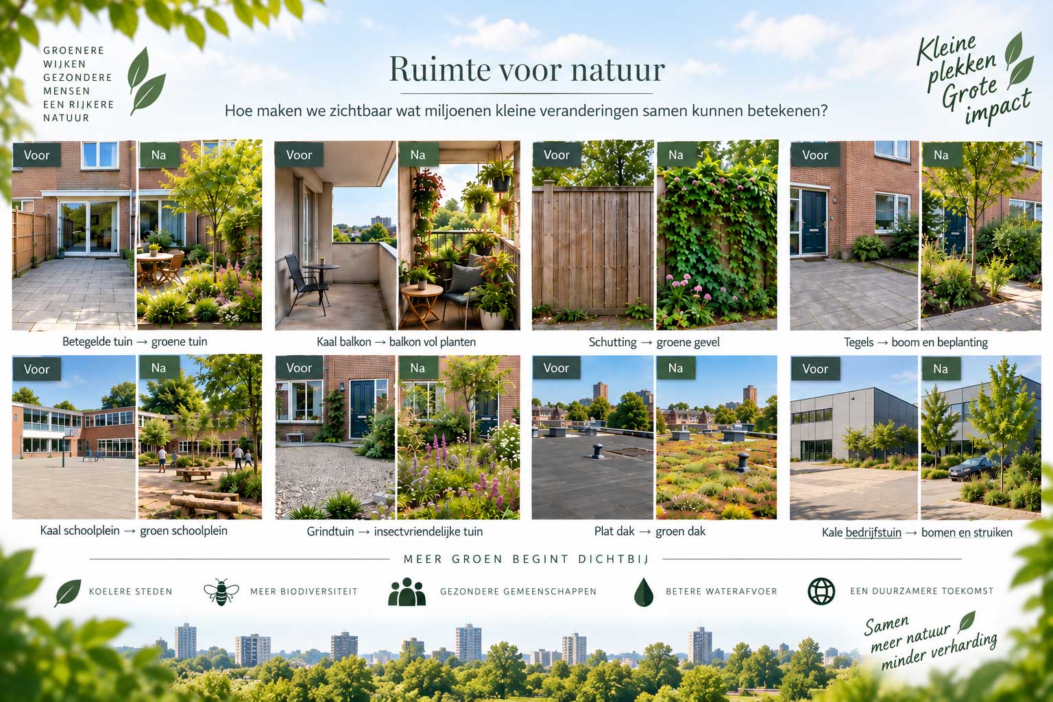 Ruimte voor Natuur met voor- en na-beelden van groene tuinen, balkons, gevels, schoolpleinen, daken en bedrijfsterreinen.
