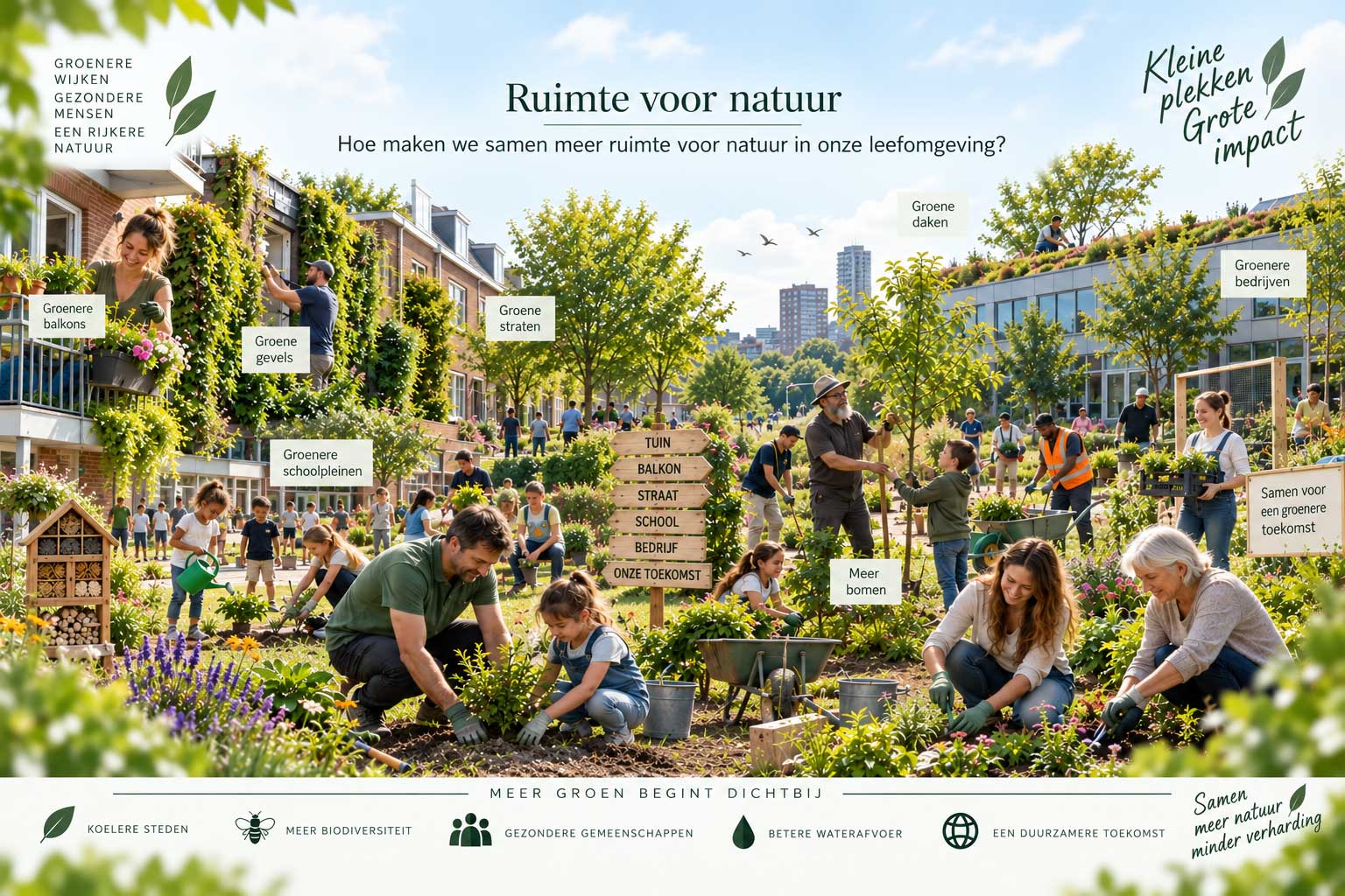 Mensen vergroenen samen hun leefomgeving door bomen, struiken en planten te planten in tuinen, op balkons, daken, schoolpleinen en bedrijfsterreinen