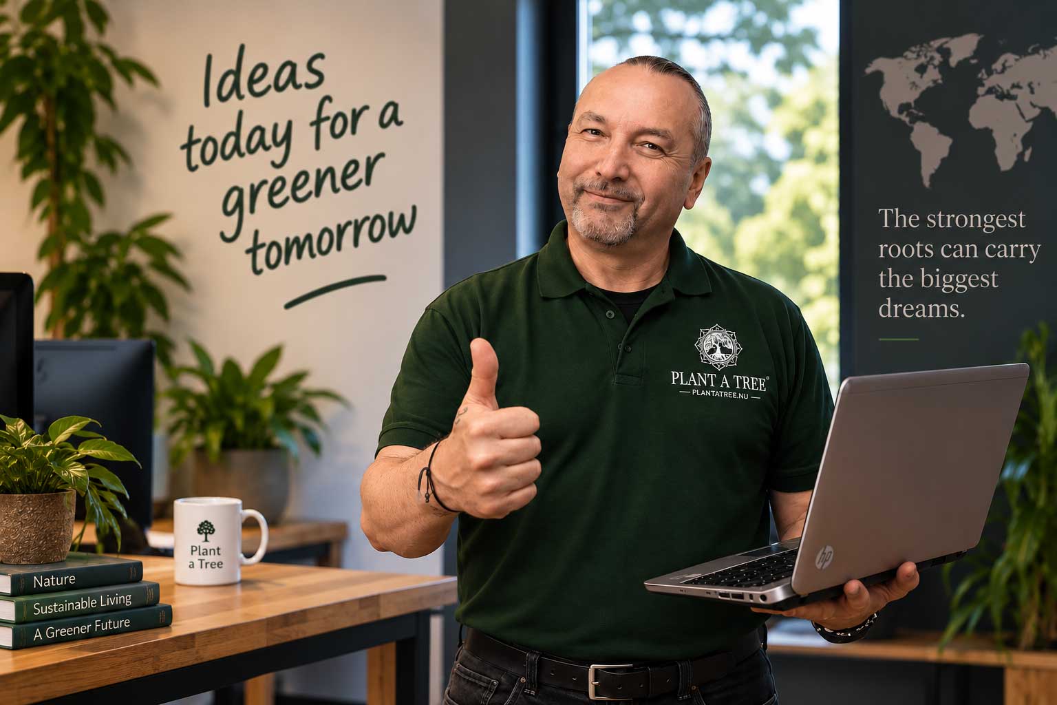 Steyn, initiatiefnemer van Plant a Tree, in een groene werkomgeving met de boodschap Ideas today for a greener tomorrow.