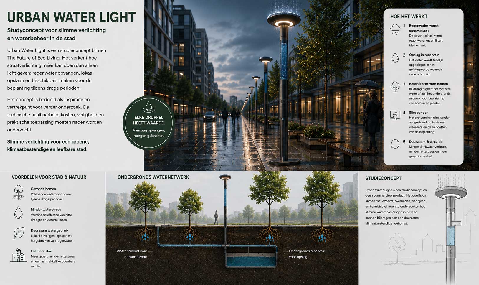Urban Water Light studieconcept voor regenwateropvang en bewatering van stedelijk groen
