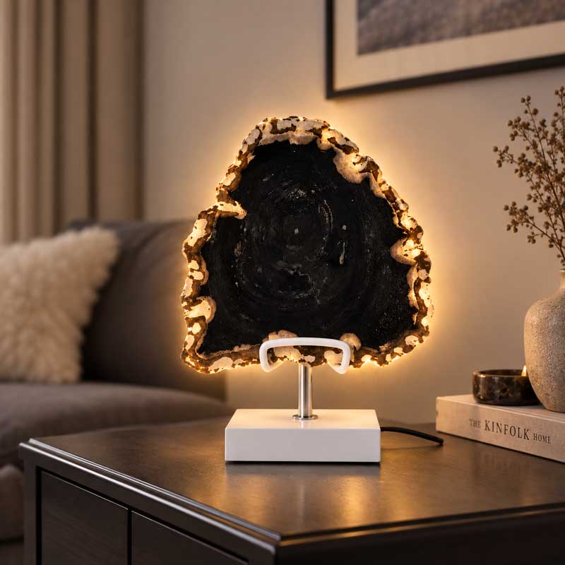 Versteend Hout Lamp Eclipse met witte standaard en warme achterverlichting in sfeervol interieur