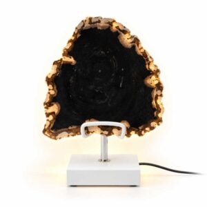 Versteend Hout Lamp Eclipse met witte standaard, donker hart en warme gloed