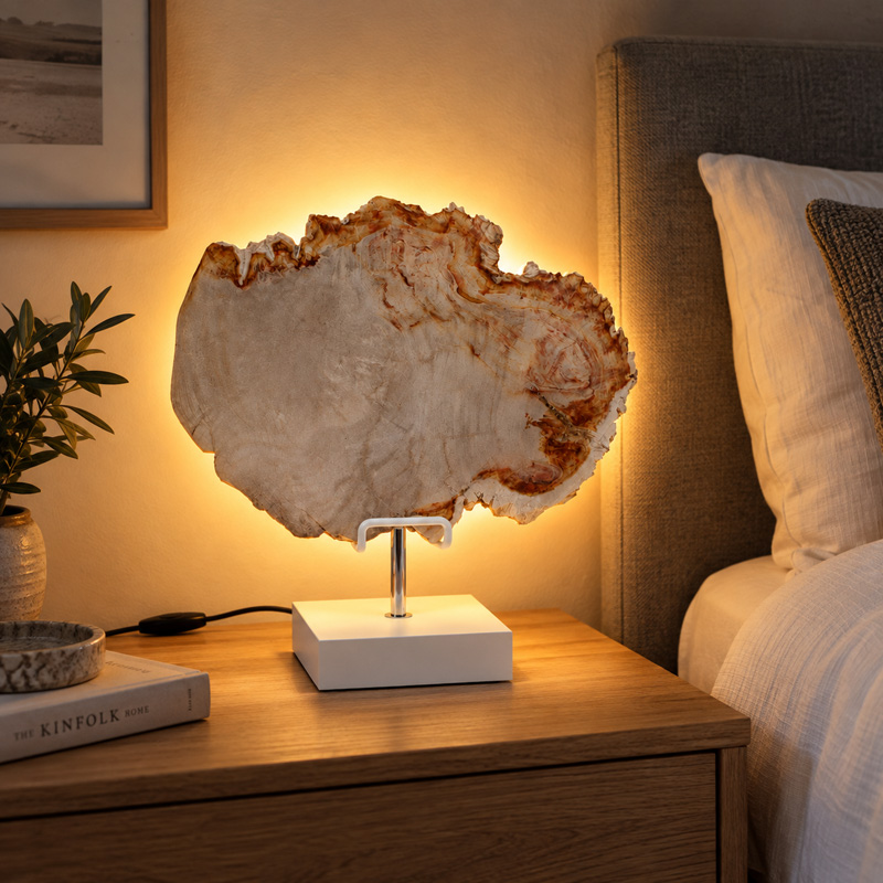 Versteend hout lamp Canyon met warme achterverlichting in sfeervol interieur